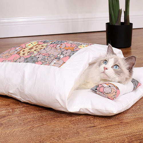 Cat Bed Warm Cat Sleeping Bag Deep Sleep Winter Removable Pet Dog Bed House Cats Nest Cushion with pillow