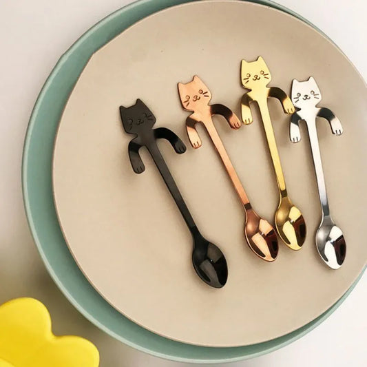 1Pcs Stainless Steel Coffee Tea Spoon Mini Cat Long Handle Teaspoons Drinking Tools Kitchen Gadget Flatware Tableware