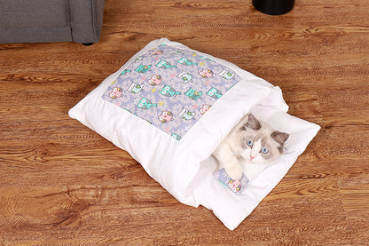 Cat Bed Warm Cat Sleeping Bag Deep Sleep Winter Removable Pet Dog Bed House Cats Nest Cushion with pillow